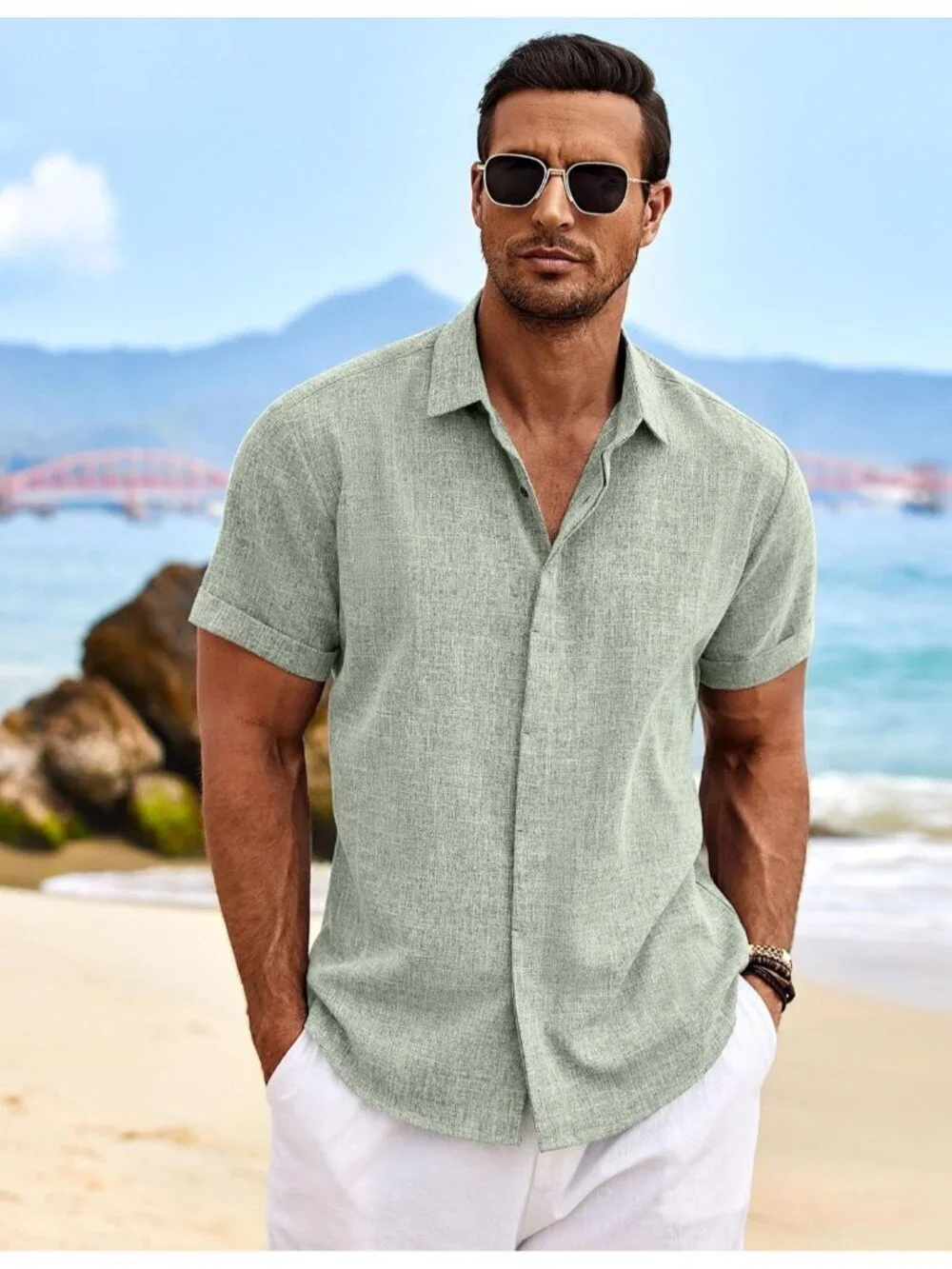 Men's Light Green Beach Linen Short Sleeve Casual Wedding Shirts Button Down